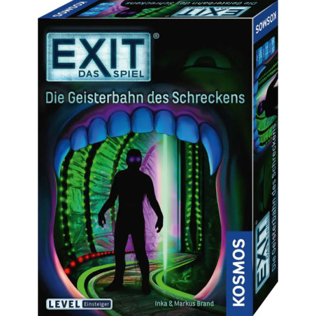 EXIT: Die Geisterbahn des Schreckens, Brettspiel-Box mit Schattenfigur in einem unheimlichen Tunnel. EXIT: Die Geisterbahn des Schreckens, Brettspiel-Box mit Schattenfigur in einem unheimlichen Tunnel.