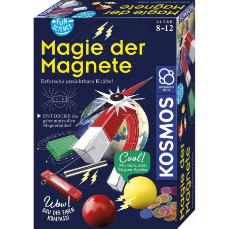 Box eines deutschen Experimentierkastens Magie der Magnete mit Hufeisenmagnet und bunten Objekten darauf. Box eines deutschen Experimentierkastens Magie der Magnete mit Hufeisenmagnet und bunten Objekten darauf.