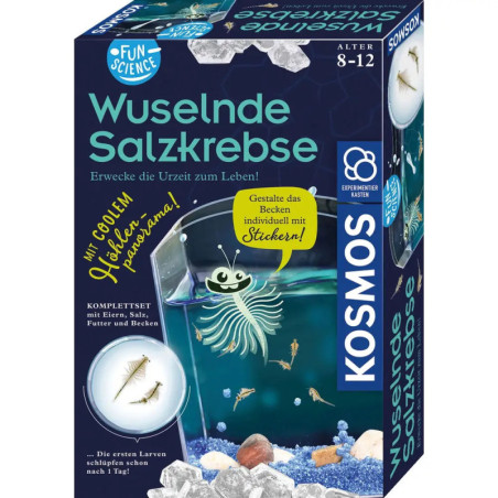 Box des Wuselnde Salzkrebse-Sets für Kinder mit Abbildungen von Meerestieren und Aquarium.