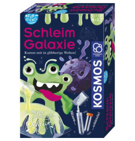 Box des Schleim Galaxie-Sets mit grünem Alien, Slime-Grafiken und Zubehör für Wissenschaftsexperimente.