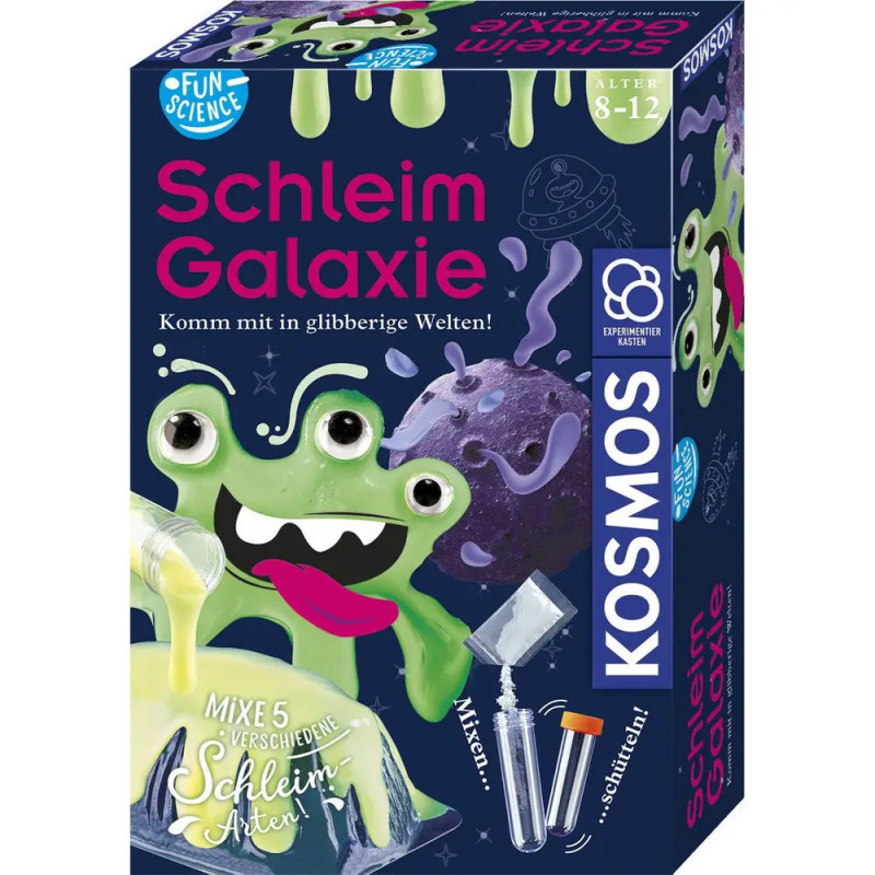 Box des Schleim Galaxie-Sets mit grünem Alien, Slime-Grafiken und Zubehör für Wissenschaftsexperimente. Box des Schleim Galaxie-Sets mit grünem Alien, Slime-Grafiken und Zubehör für Wissenschaftsexperimente.