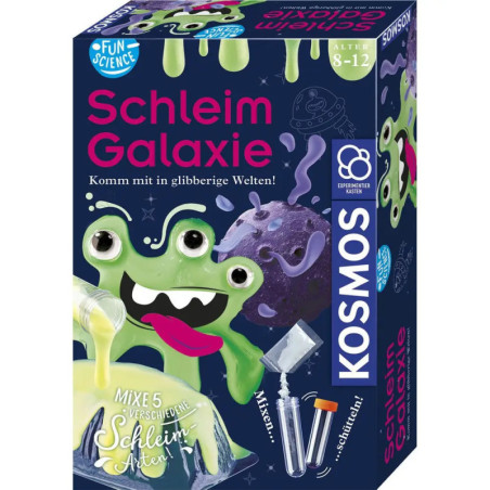 Box des Schleim Galaxie-Sets mit grünem Alien, Slime-Grafiken und Zubehör für Wissenschaftsexperimente.