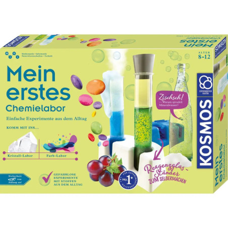 Bunte Chemielabor-Box für Kinder von 8-12 Jahren mit Reagenzgläsern und Fruchtmotiven auf der Vorderseite.
