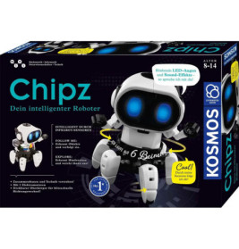 Chipz Roboter-Bausatz für 8-14-Jährige, weiße Figur mit blauen LED-Augen, Verpackungstext auf Deutsch.