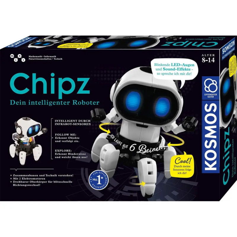 Chipz Roboter-Bausatz für 8-14-Jährige, weiße Figur mit blauen LED-Augen, Verpackungstext auf Deutsch. Chipz Roboter-Bausatz für 8-14-Jährige, weiße Figur mit blauen LED-Augen, Verpackungstext auf Deutsch.