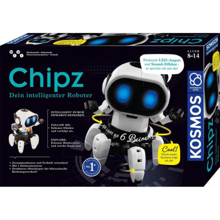 Chipz Roboter-Bausatz für 8-14-Jährige, weiße Figur mit blauen LED-Augen, Verpackungstext auf Deutsch. Chipz Roboter-Bausatz für 8-14-Jährige, weiße Figur mit blauen LED-Augen, Verpackungstext auf Deutsch.