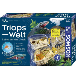 Verpackung des Triops-Welt-Sets mit prähistorischen Meerestieren und kleinem Aquarium zum Züchten von Triops.