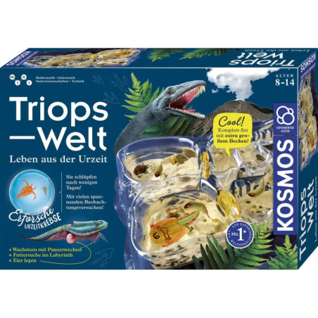 Verpackung des Triops-Welt-Sets mit prähistorischen Meerestieren und kleinem Aquarium zum Züchten von Triops. Verpackung des Triops-Welt-Sets mit prähistorischen Meerestieren und kleinem Aquarium zum Züchten von Triops.