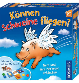 Auf der Brettspielbox ist ein geflügeltes Schwein und der Titel Können Schweine fliegen? zu sehen.