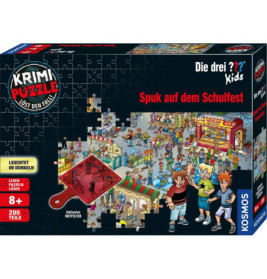 Box eines Krimi-Puzzles mit Kindern auf einem belebten Schulfest, drei Hauptfiguren vorn.