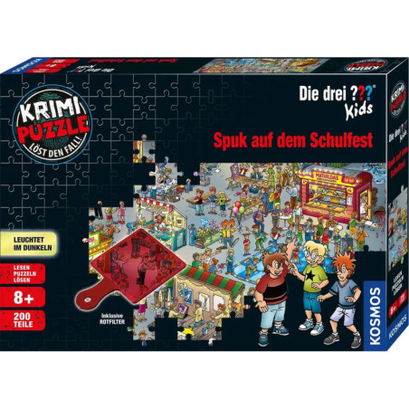 Box eines Krimi-Puzzles mit Kindern auf einem belebten Schulfest, drei Hauptfiguren vorn.