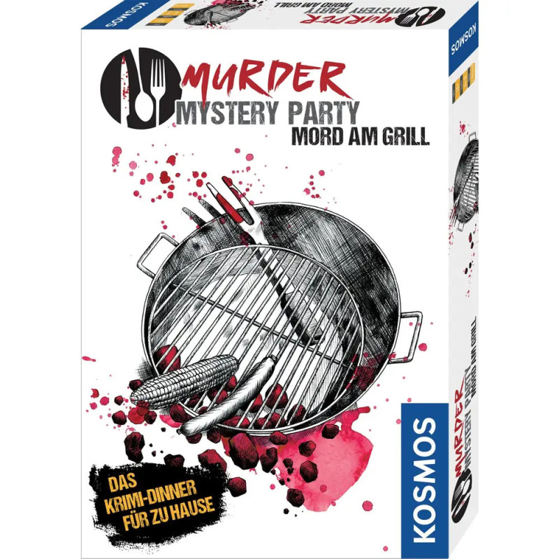 Spielschachtel von Murder Mystery Party: Mord am Grill mit Grill-Illustration und roten Spritzern. Spielschachtel von Murder Mystery Party: Mord am Grill mit Grill-Illustration und roten Spritzern.