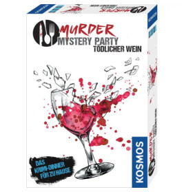 Spielschachtel Murder Mystery Party: Tödlicher Wein mit zersplittertem Weinglas und roten Spritzern.