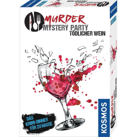 Spielschachtel Murder Mystery Party: Tödlicher Wein mit zersplittertem Weinglas und roten Spritzern.