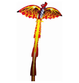 Ein rot-gelber Drachen mit ausgebreiteten Flügeln und langem, feurigem Schweif.