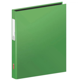 Grüner Ordner mit drei Ringen steht aufrecht, das Rückenschild ist leer.