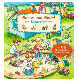 Kinder spielen im Sandkasten und Außenbereich des Kindergartens Spielzeug und Geräte sind zu sehen.