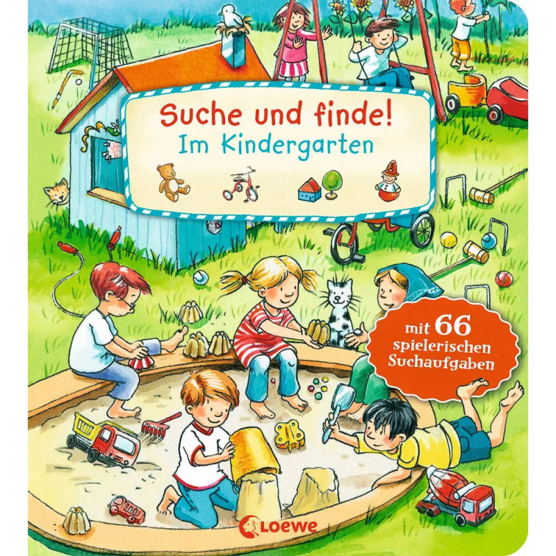 Kinder spielen im Sandkasten und Außenbereich des Kindergartens Spielzeug und Geräte sind zu sehen.