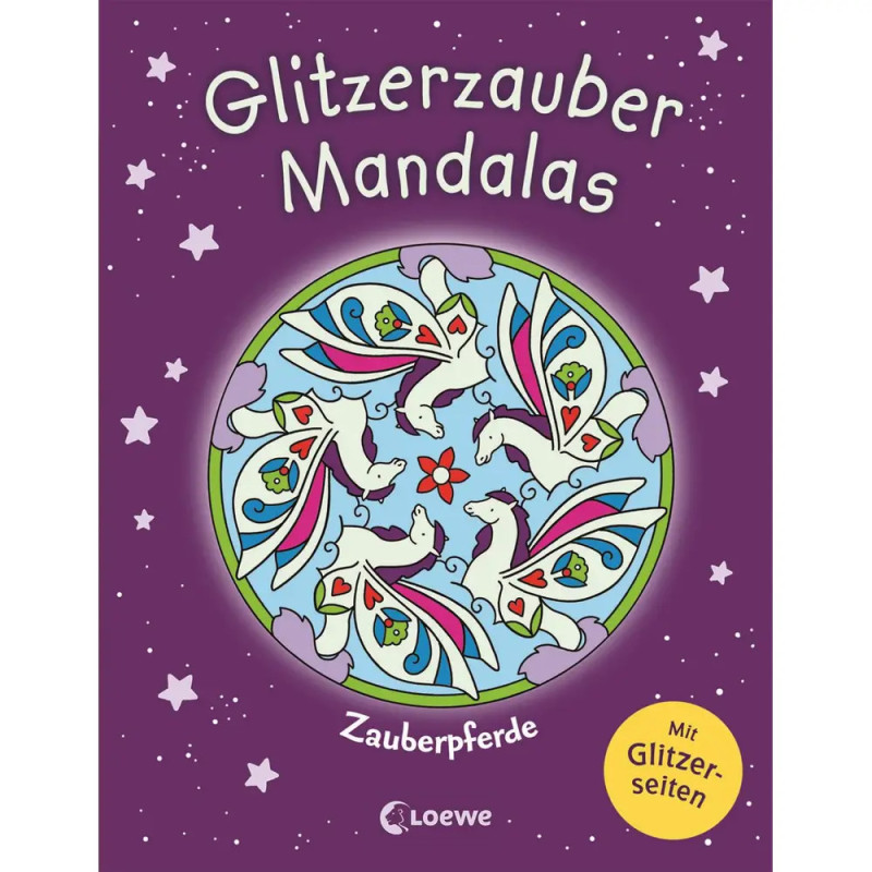 Buntes Mandala mit Einhörnern auf lila Buchcover, Titel: Glitzerzauber Mandalas Zauberpferde.