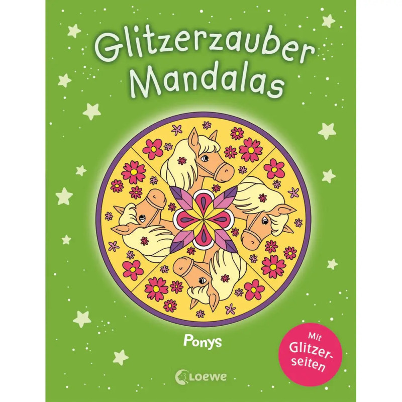 Grünes Buchcover mit Ponys und Blumen im Mandala-Stil, Titel: Glitzerzauber Mandalas - Ponys.