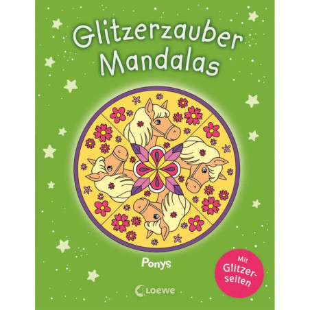 Grünes Buchcover mit Ponys und Blumen im Mandala-Stil, Titel: Glitzerzauber Mandalas - Ponys.