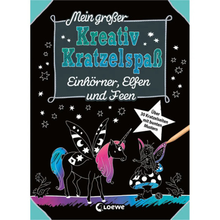 Buchcover mit Einhorn, Fee und bunter Kratzkunst deutscher Text über kreative Kratzkunst-Ideen.