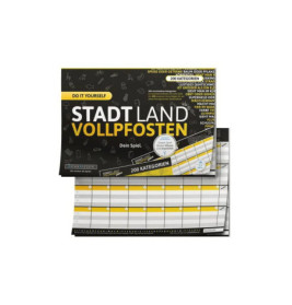 Stadt Land Vollpfosten Spielblöcke in Schwarz-Gelb-Weiß mit Raster und Kategorienlisten.