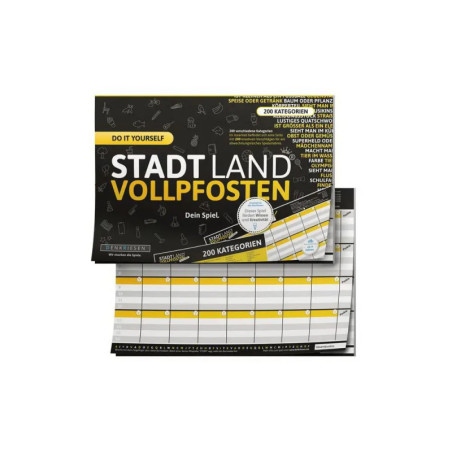 Stadt Land Vollpfosten Spielblöcke in Schwarz-Gelb-Weiß mit Raster und Kategorienlisten.