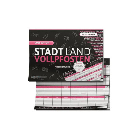 Spielblock Stadt Land Vollpfosten Girls Edition mit aufgeschlagener Seite, die Spielkategorien und Spalten zeigt.