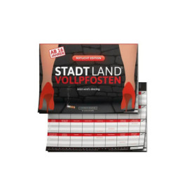 Das deutsche Brettspiel Stadt Land Vollpfosten Rotlicht Edition mit Kalenderlayout ist abgebildet.