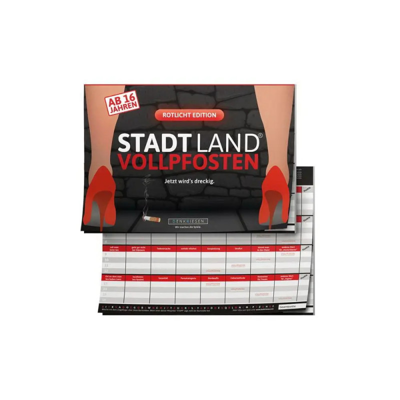 Das deutsche Brettspiel Stadt Land Vollpfosten Rotlicht Edition mit Kalenderlayout ist abgebildet. Das deutsche Brettspiel Stadt Land Vollpfosten Rotlicht Edition mit Kalenderlayout ist abgebildet.