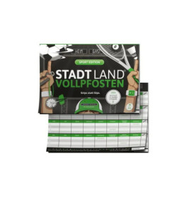 Brettspiel Stadt Land Vollpfosten: Sport Edition mit Abbildungen von Sportgeräten auf dem Cover.