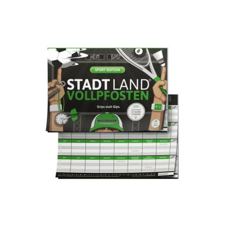 Brettspiel Stadt Land Vollpfosten: Sport Edition mit Abbildungen von Sportgeräten auf dem Cover.