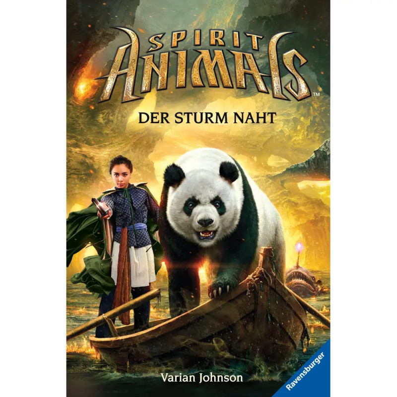 Ein Mädchen und ein Riesenpanda stehen auf einem Holzboot vor einer fantasievollen Landschaft. Ein Mädchen und ein Riesenpanda stehen auf einem Holzboot vor einer fantasievollen Landschaft.