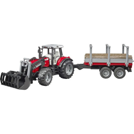 Roter Spielzeugtraktor mit Frontlader und Anhänger voller Holzstämme auf weißem Hintergrund.