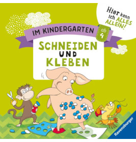 Affe schneidet Papier, Schwein klebt Formen auf sich, Krebs schaut zu bunter Bastelbuch-Umschlag.
