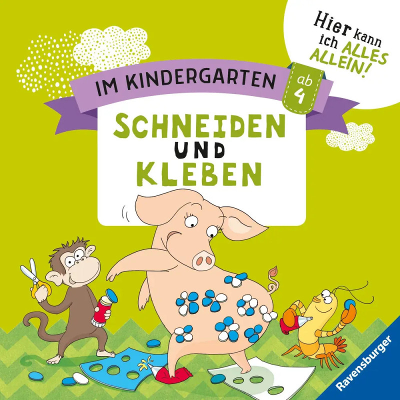 Affe schneidet Papier, Schwein klebt Formen auf sich, Krebs schaut zu bunter Bastelbuch-Umschlag.