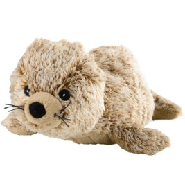 Ein Plüschtier-Seeotter mit hellbraunem Fell, schwarzen Augen und Nase liegt auf dem Bauch.