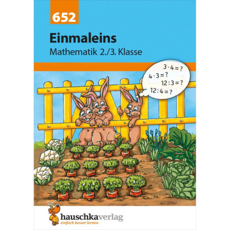 Zwei Cartoon-Hasen im Garten lösen Matheaufgaben in Sprechblasen, geeignet für 2./3. Klasse Mathematik.