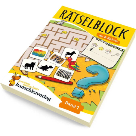 Rätselblock ab 6 Jahren mit Tiermotiven und Labyrinth auf dem Cover.