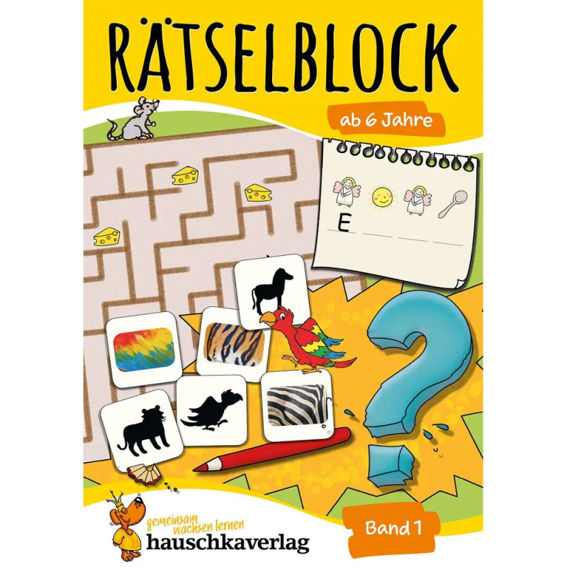 Buntes deutsches Rätselbuchcover mit Tierkarten, einem Labyrinth und großem blauen Fragezeichen.
