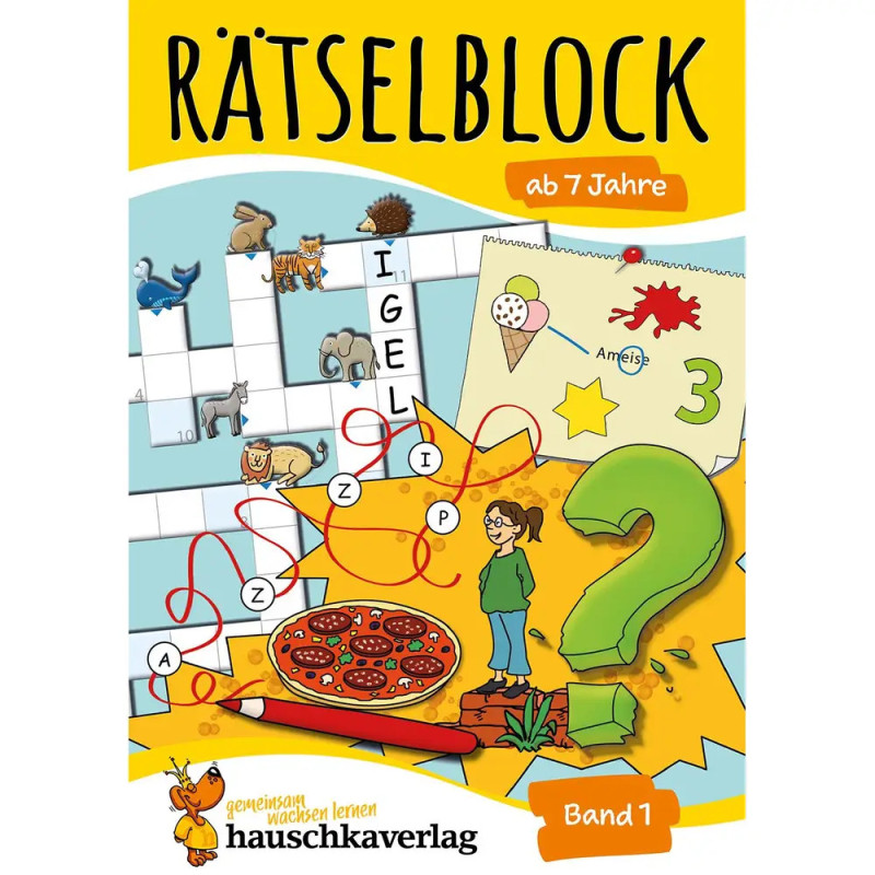 Buntes deutsches Rätselbuch für Kinder ab 7 Jahren mit Kreuzworträtseln, Pizzalabyrinth, Tieren und Kind auf dem Cover.