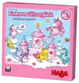 Rosa HABA-Spielschachtel mit bunten Einhörnern, Wolken und Schloss, Titel: Einhorn Glitzerglück.