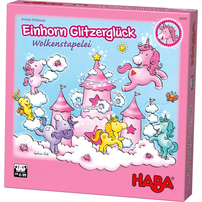 Rosa HABA-Spielschachtel mit bunten Einhörnern, Wolken und Schloss, Titel: Einhorn Glitzerglück. Rosa HABA-Spielschachtel mit bunten Einhörnern, Wolken und Schloss, Titel: Einhorn Glitzerglück.