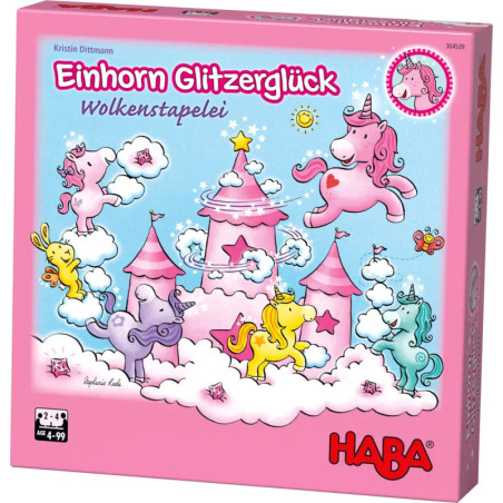 Rosa HABA-Spielschachtel mit bunten Einhörnern, Wolken und Schloss, Titel: Einhorn Glitzerglück. Rosa HABA-Spielschachtel mit bunten Einhörnern, Wolken und Schloss, Titel: Einhorn Glitzerglück.
