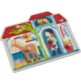 Holzpuzzle mit fünf herausnehmbaren Teilen und Griffknöpfen: Mädchen, Pferd, Katze und Scheune.