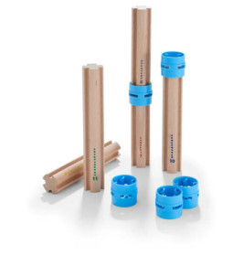 Holzzählstäbe mit blauen Kunststoffringen, nummeriert 7-11 in verschiedenen Farben, auf weißem Hintergrund.