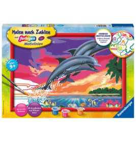 Malset mit Motiv: Zwei Delfine springen bei Sonnenuntergang über das Meer. Mit Farbtöpfchen und Pinsel.