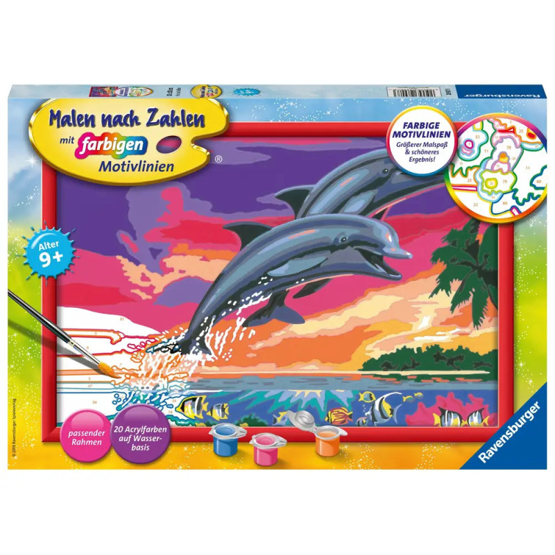 Malset mit Motiv: Zwei Delfine springen bei Sonnenuntergang über das Meer. Mit Farbtöpfchen und Pinsel. Malset mit Motiv: Zwei Delfine springen bei Sonnenuntergang über das Meer. Mit Farbtöpfchen und Pinsel.