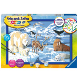Malset mit arktischen Tieren: Eisbär, Rentier, Walross, Vögel und eisige Landschaft auf der Verpackung.